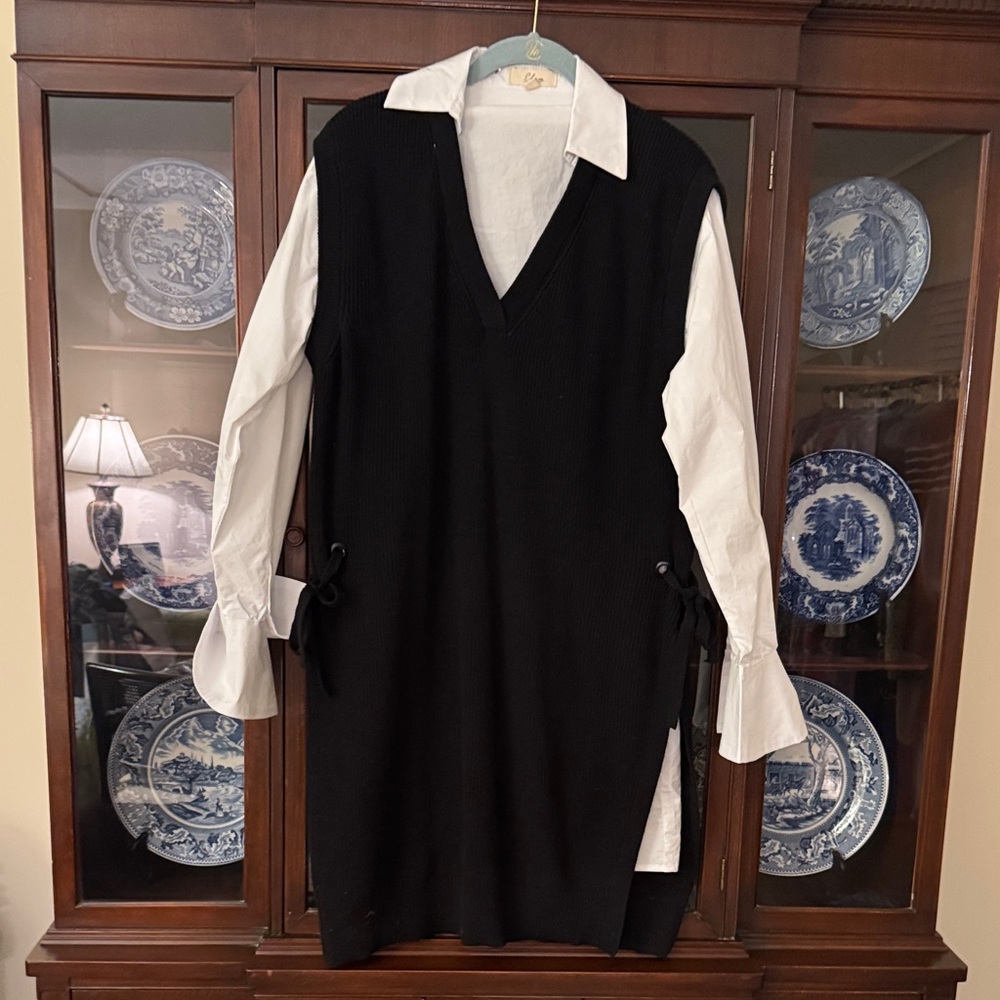 Elan Black Knit V‑Neck Mini Dress with White Shirt Detail